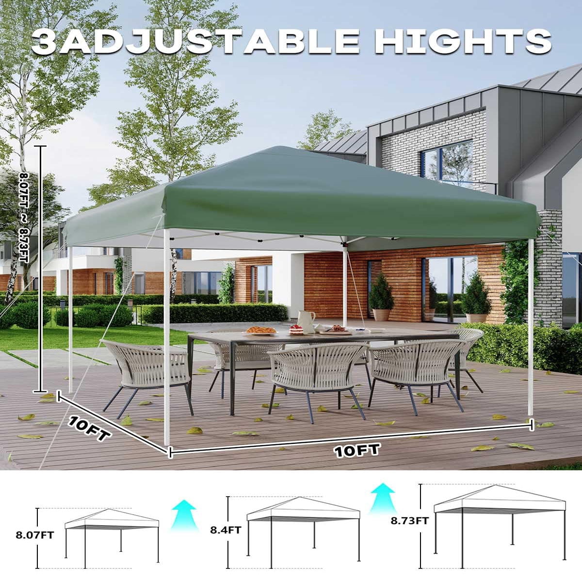 Soonbuy 10x10 Pop Up Canopy with 3 Sidewalls,Easy Up Camping Tent with One Button Push Setup - 1 Roller Bag, 3 Adjustable Height, 4 Weight Bags for Deck, Garden, Sports, Beach, Party