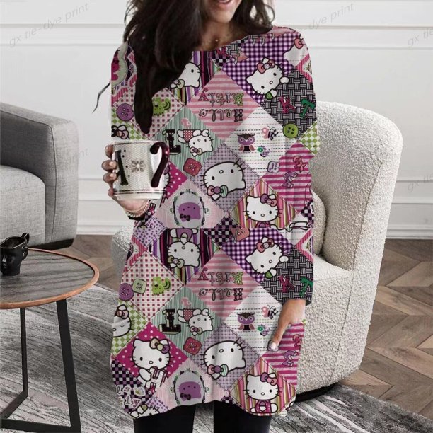 Camisetas de manga larga con estampado de Hello Kitty para mujer, Tops informales de gran tamaño, camiseta de dibujos animados, ropa de primavera y otoño