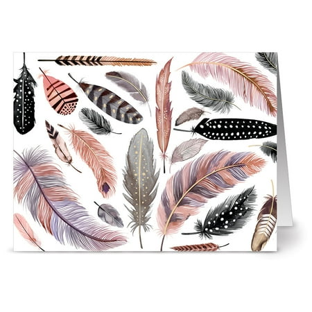 - 24 Note Cards - Feather Motif on White - Blank Cards - Gray Envelopes Included