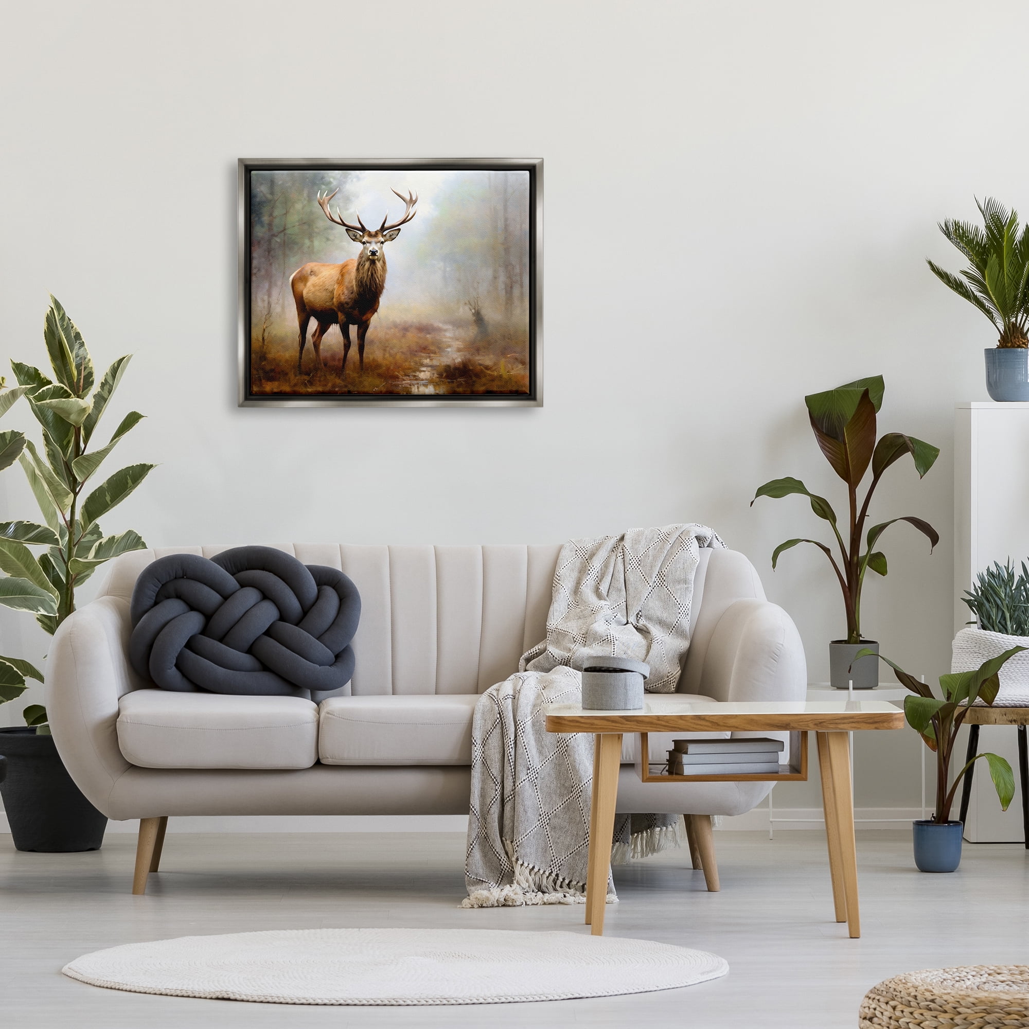 Stupell Industries Deer Woodland Trees Animals & Insects Painting Gray Floater Framed Canvas Art Print Wall Art, 31 x 25
