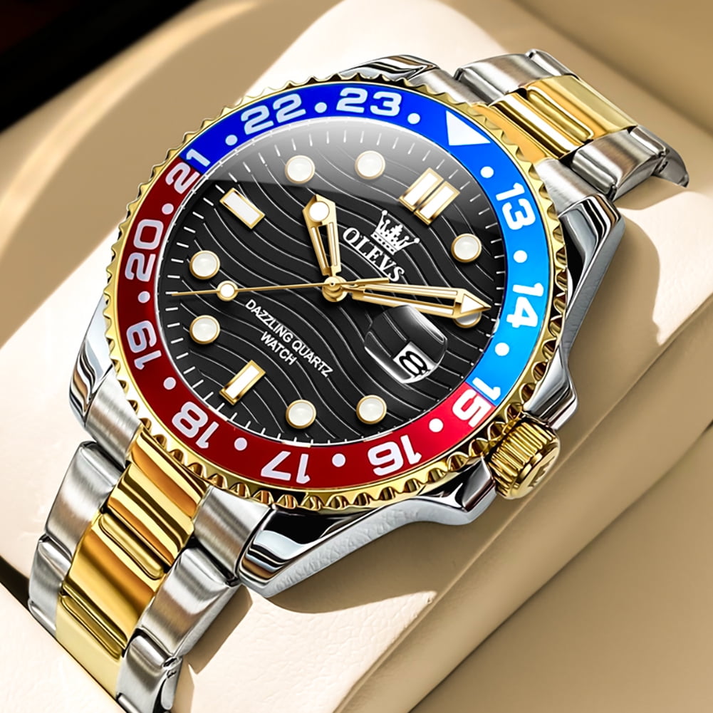 OLEVS Mens Watches, Silver Dress Gold Classic Luxury Big Large Face Waterproof Watches for Men, Analog Two Tone Stainless Steel Men Wrist Watch with Date Relojes De Hombre , Green/Blue/Black Dial