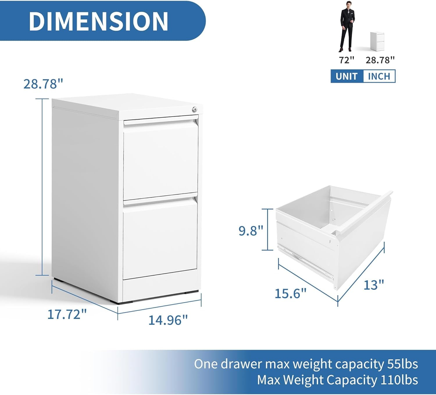 BIZOEIRON 2 Drawer Metal File Cabinet with Lock, Vertical Filing Cabinet for Hanging Legal/Letter Size Files, White