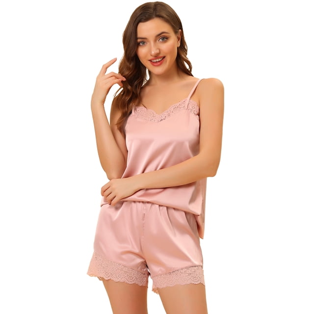Lencería sexy de satén para mujer, con ribete de encaje, camisetas, pantalones cortos, pijamas, conjuntos Rosa S