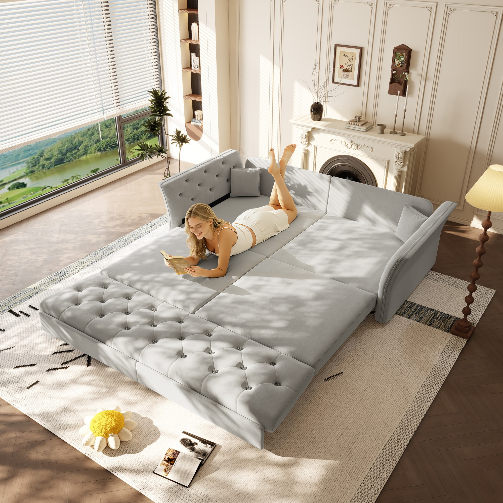 LLappuil 74" Queen Size Pull Out Sofa Bed, Loveseat Sleeper Sofa Couch Convertible Sofa Bed, Velvet Sofa for Living Room Light Gray