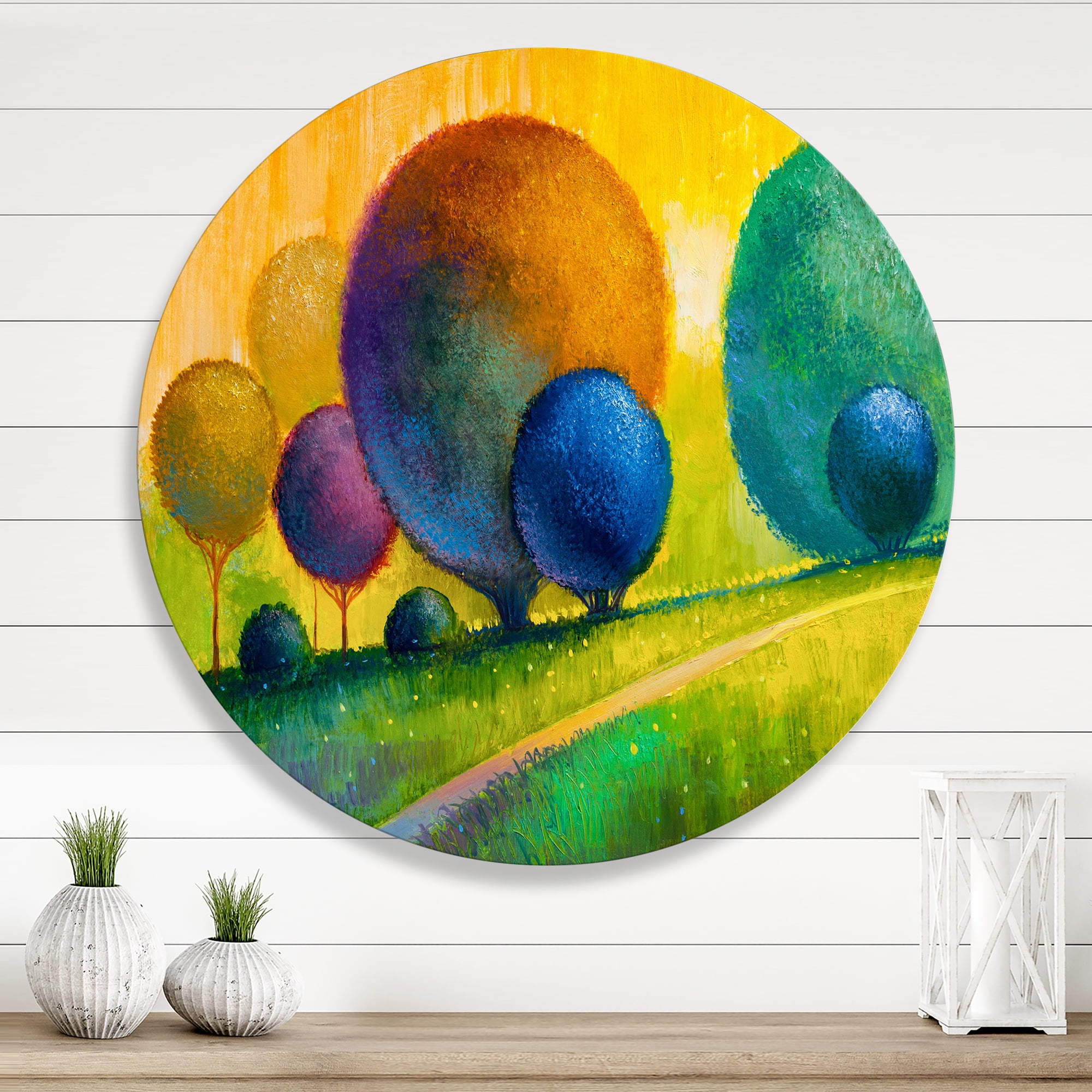 Designart 'Ornamental Colourful Trees III' Modern Circle Metal Wall Art 23x23 - Disc of 23