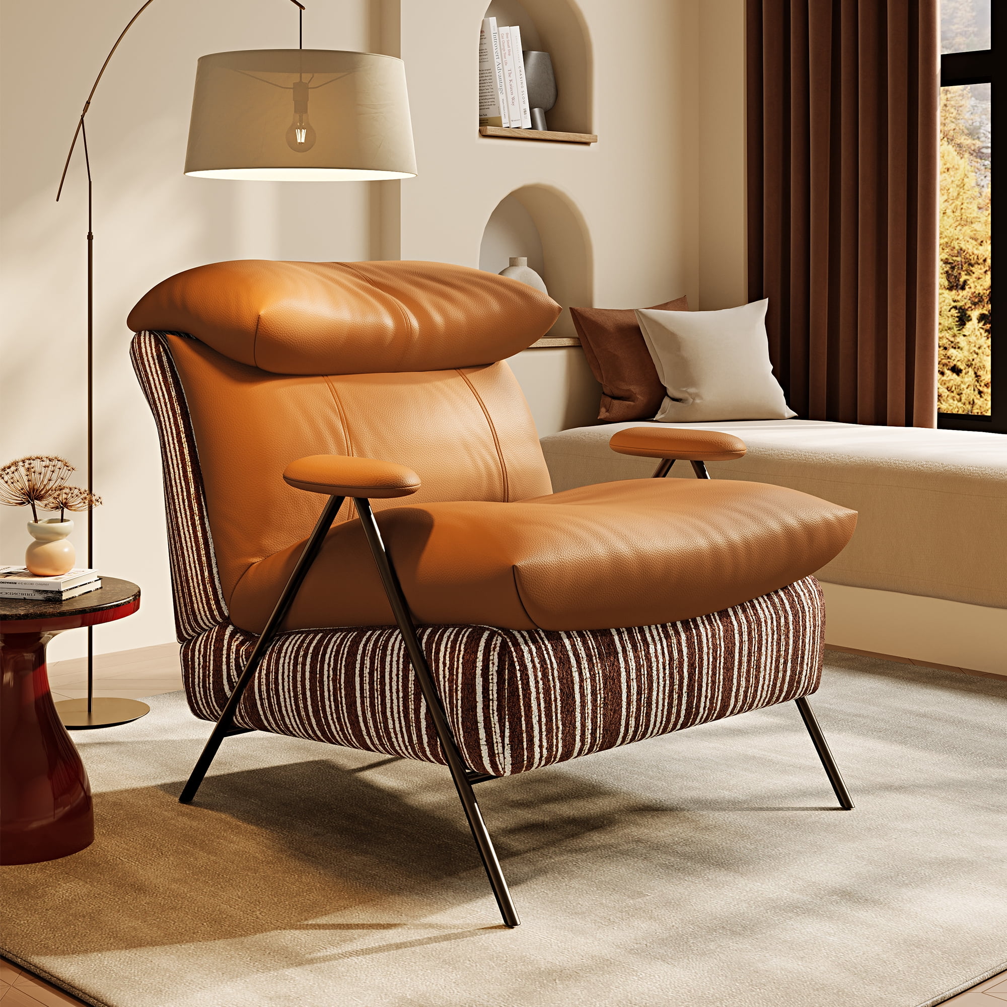 Minimalist Casual Single Chair With Solid Wood Frame, Upholstered In Leather And Chenille Fabric, Fits Balconies, Living Rooms And Bedrooms