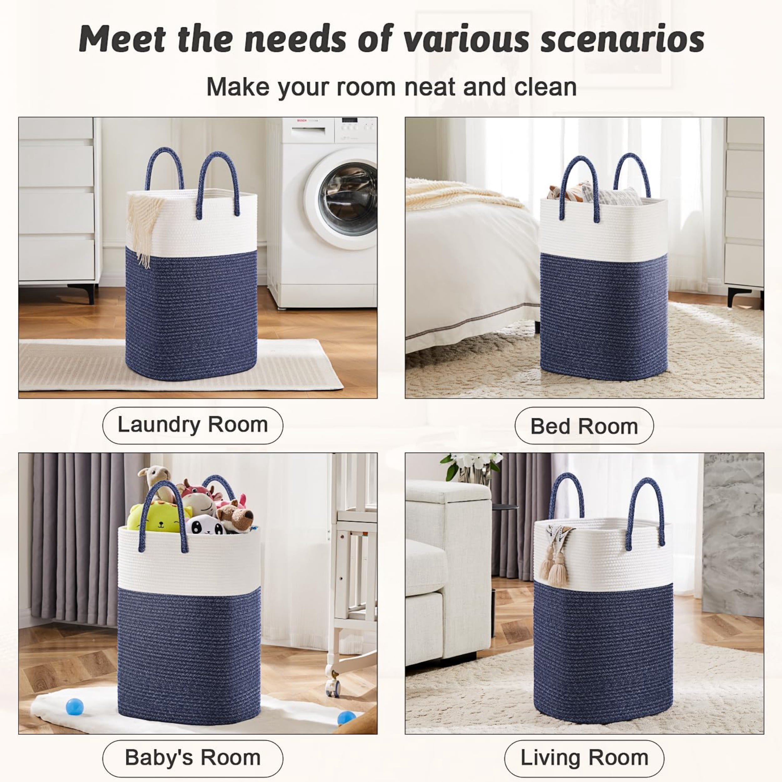 Laundry Basket, Woven Cotton Rope Laundry Hamper, Versatile Storage for Dirty Clothes, Baby Toys, and Blankets in Bathroom, Nursery, and Living Room