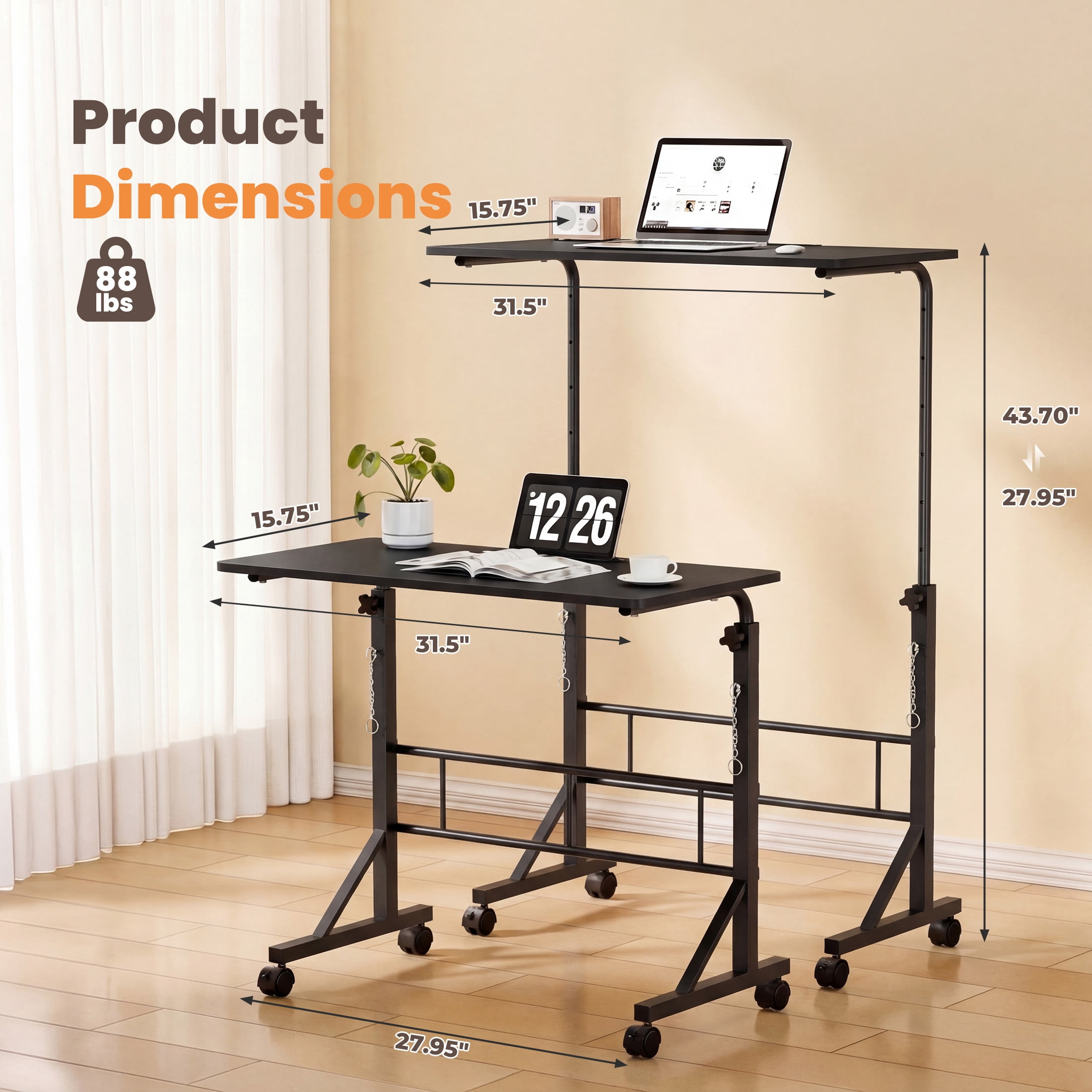 EDX Small Height Adjustable Standing Desk with Wheels, Mobile Rolling Computer Desk for Home Office, Sit Stand Laptop Desk for Walking Pad, Black