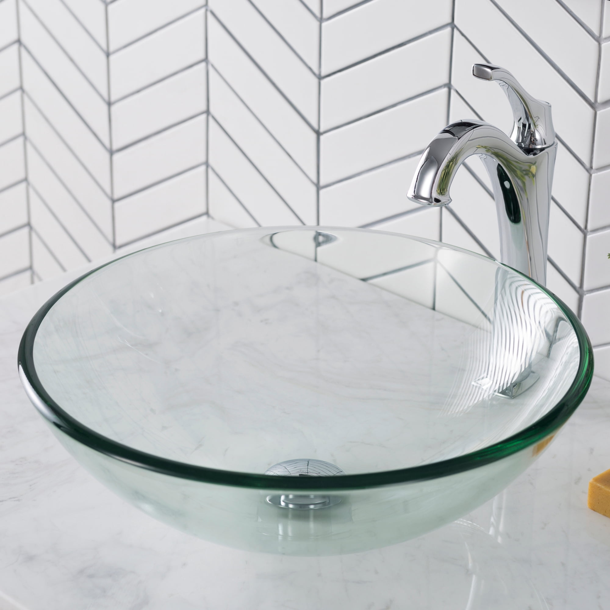 KRAUS Round Clear Glass Vessel Bathroom Sink, 16 1/2 inch