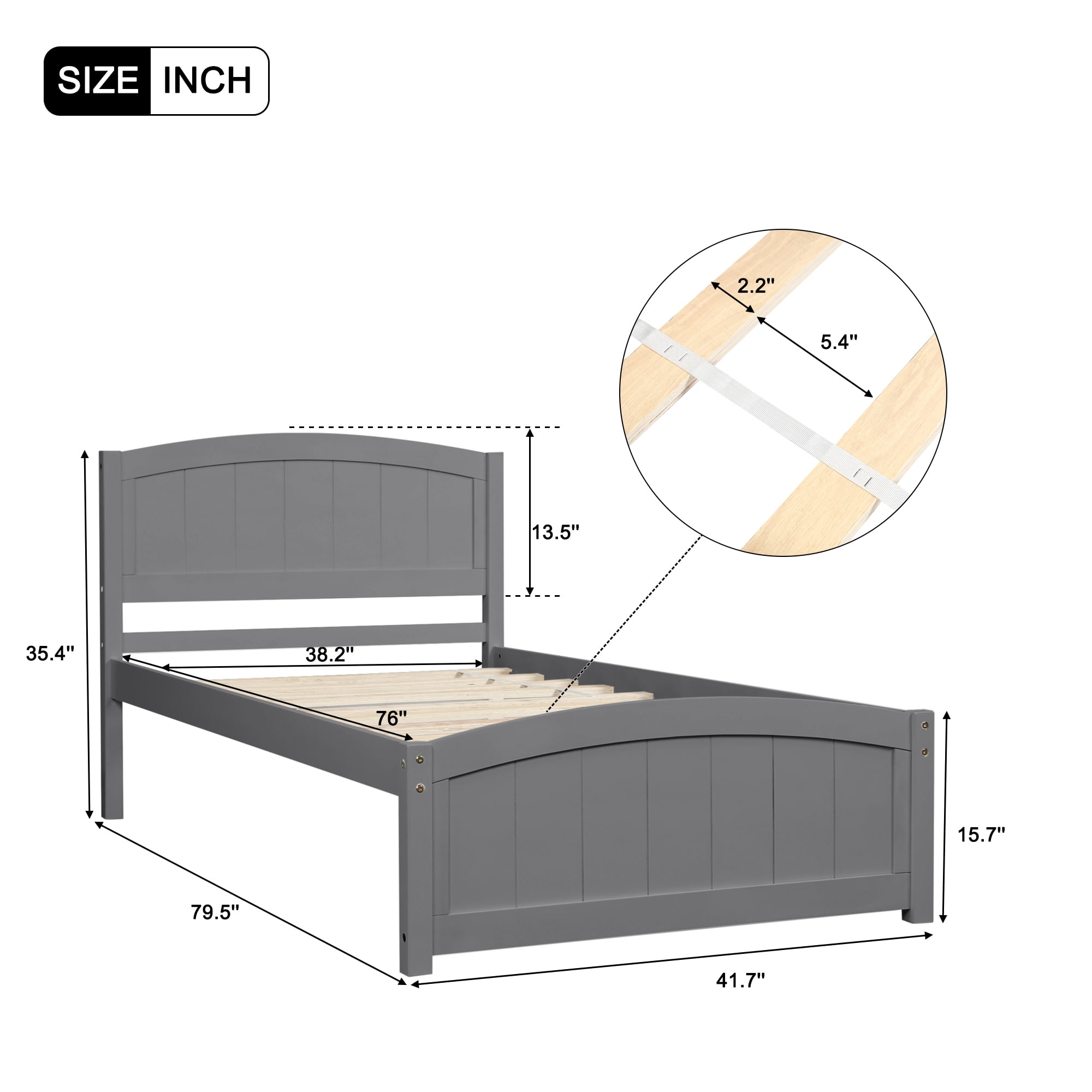 Aukfa Solid Wood Bed Frame, Twin Platform Bed with Headboard, Gray