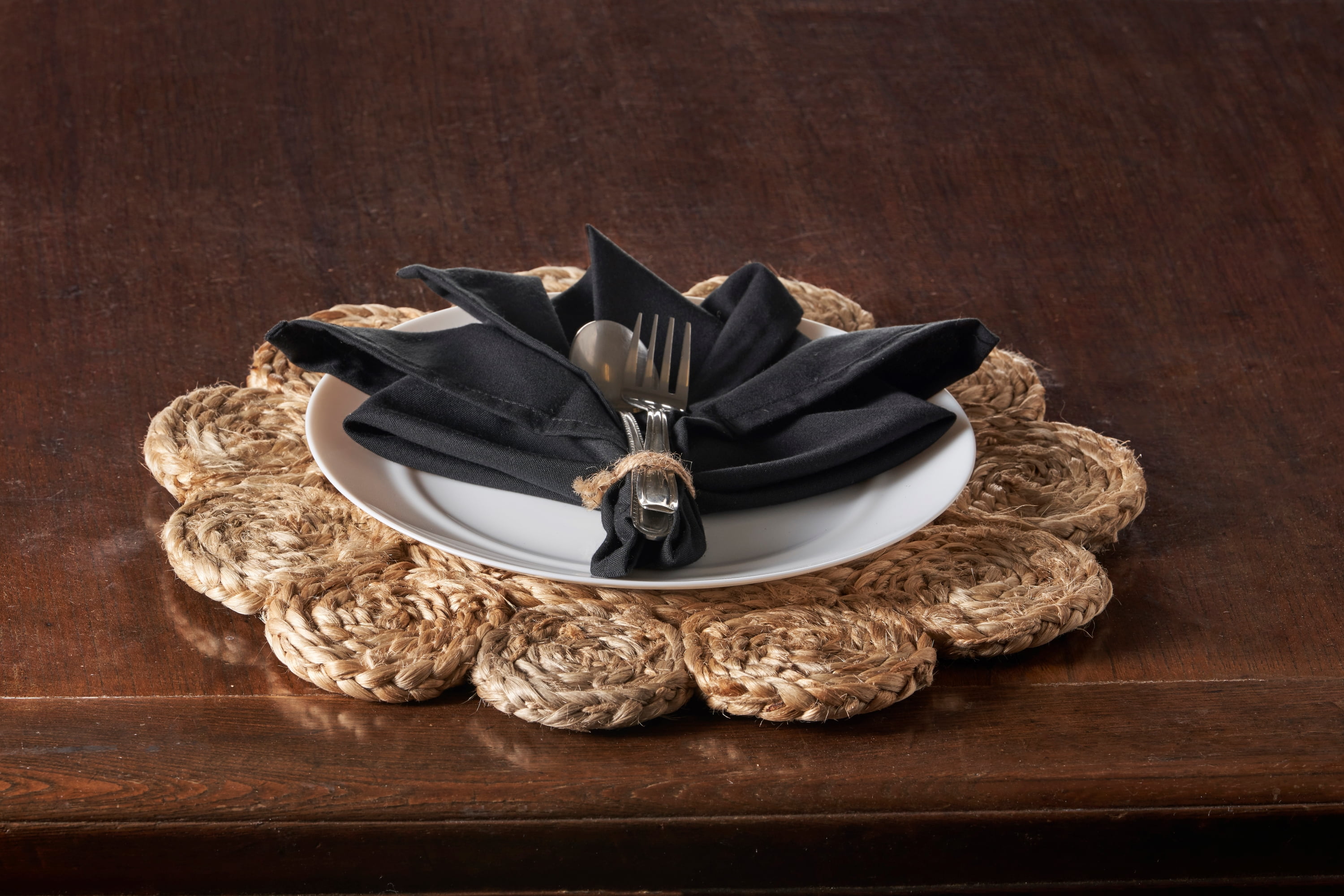 LR Home Hugo Set of 2 Round Jute Placemats, Braided Flower