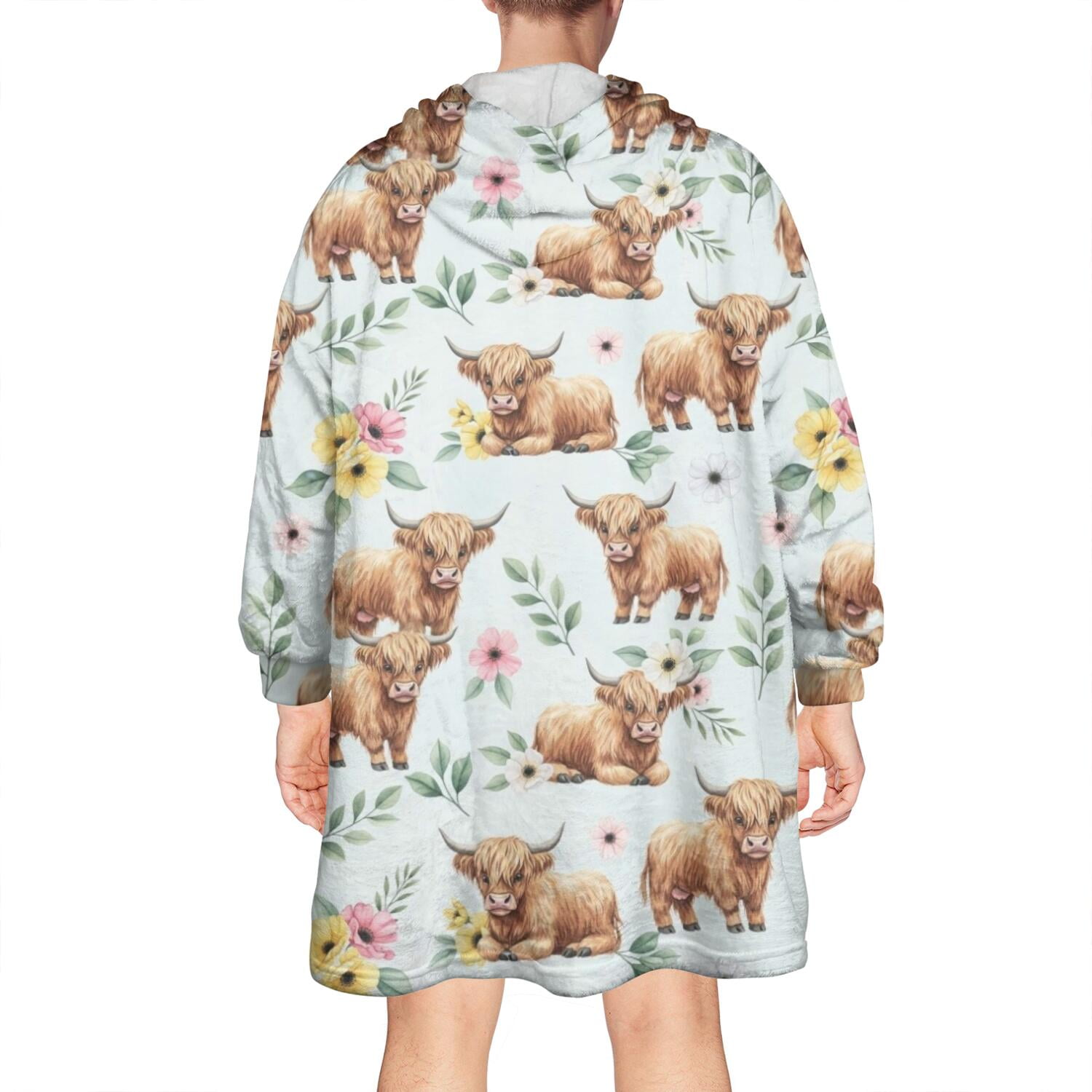 Blue Highland Cow Flower Leaf Pattern Wearable Oversized Blanket,Wearable Blanket Hoodie for Adults,Cozy Hooded Blankets with Super Pockets,Super Warm Fuzzy Pullover for Women & Men