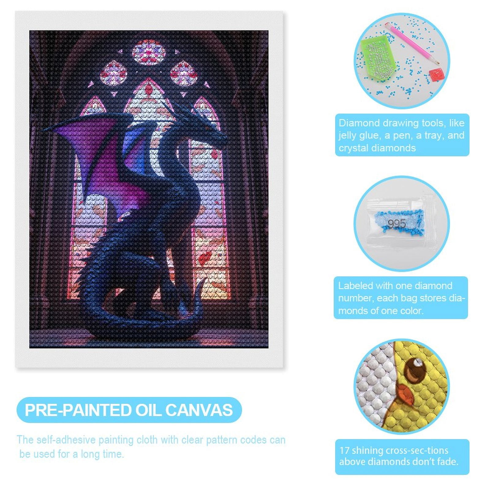 Diamond Art Kits for Adults, Mystical Dragon Stained Glass Window 5D Diamond Painting Kits for Adults Beginners, DIY Full Drill Diamond Painting, Gem Art and Crafts 12x16