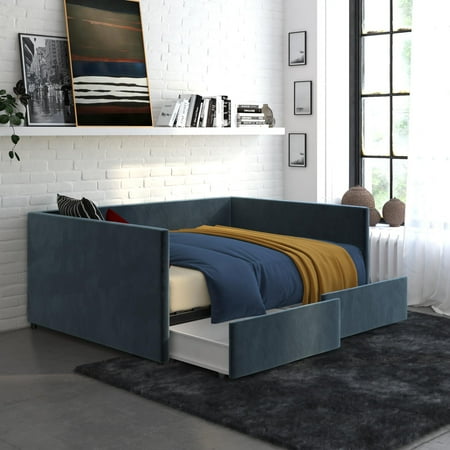 Desert Fields Daybed With Storage  Full Size Frame  Blue Velvet