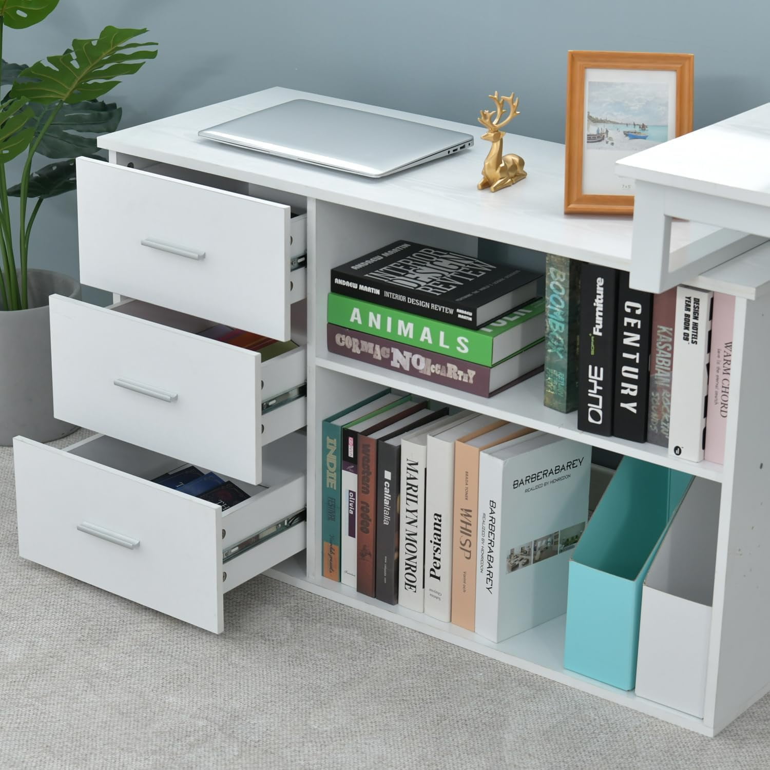 DreamCurship 55 Inch White Reversible L Shaped Desk with 3 Storage Drawers, Computer Desk with Shelves and Monitor Stand, Corner Desk for Small Spaces, White