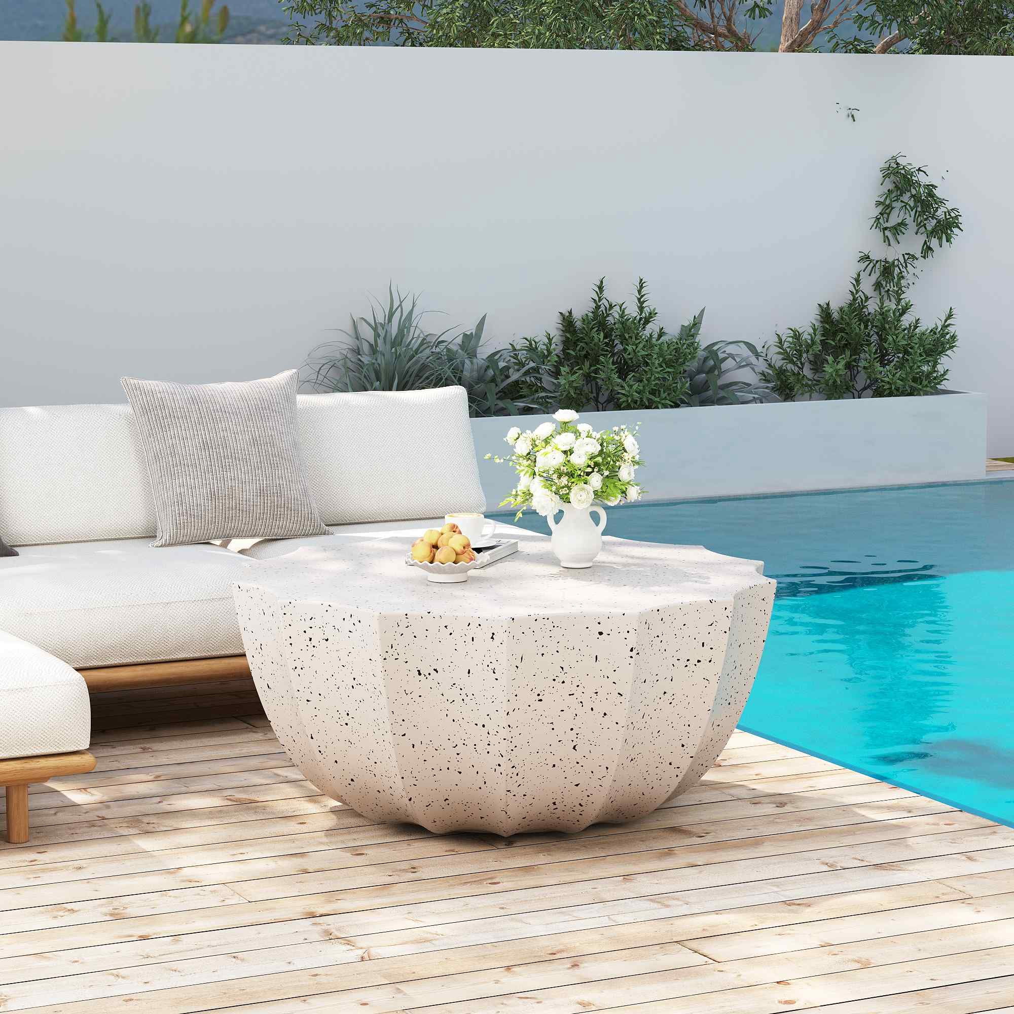 Lunale 35.43" Coffee Table for Indoor & Outdoor, Waterproof Durable MgO Cement Design, White