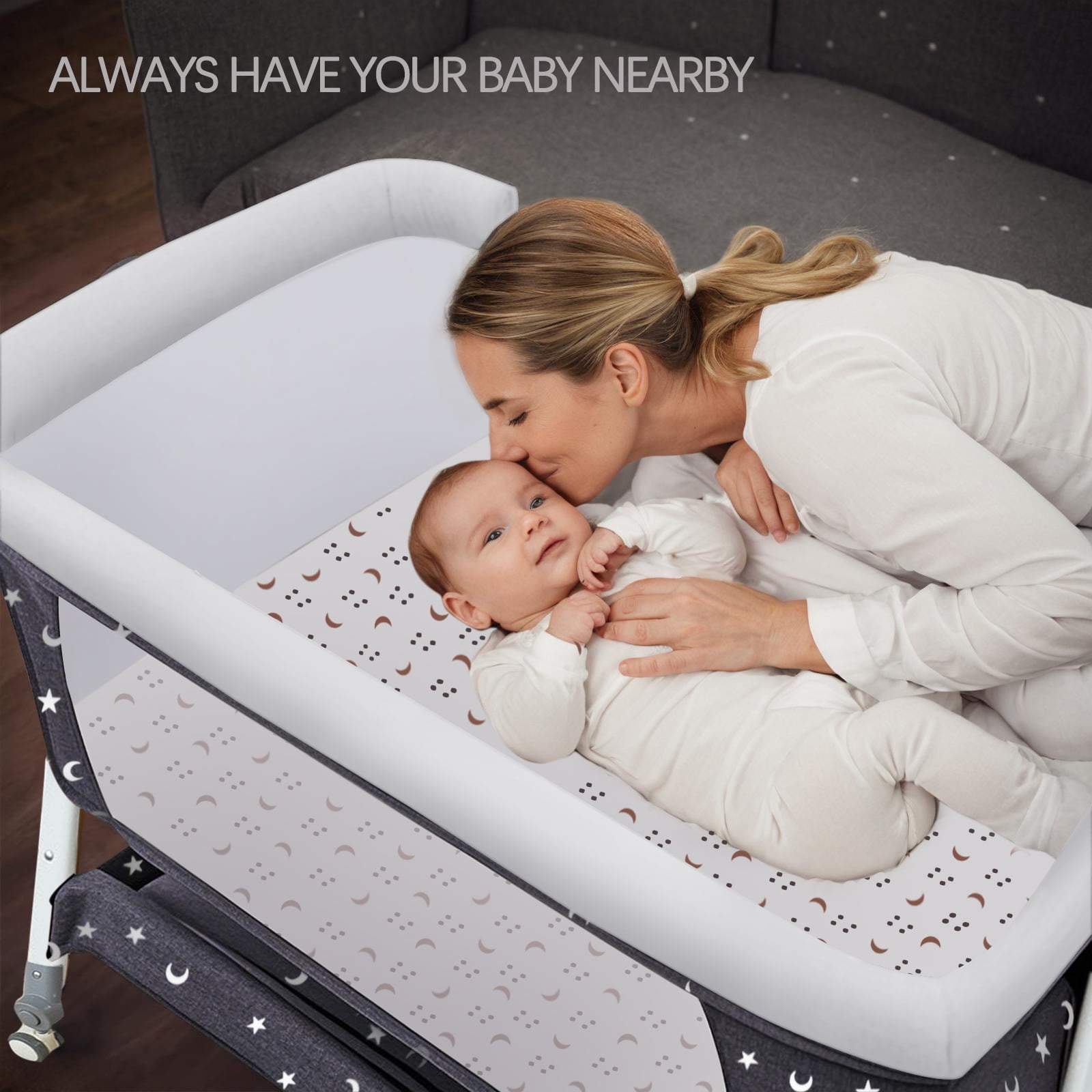 StarZe Baby Bassinet with Mosquito Net and Storage Rack,Silent Wheels,Adjustable Height,Black.