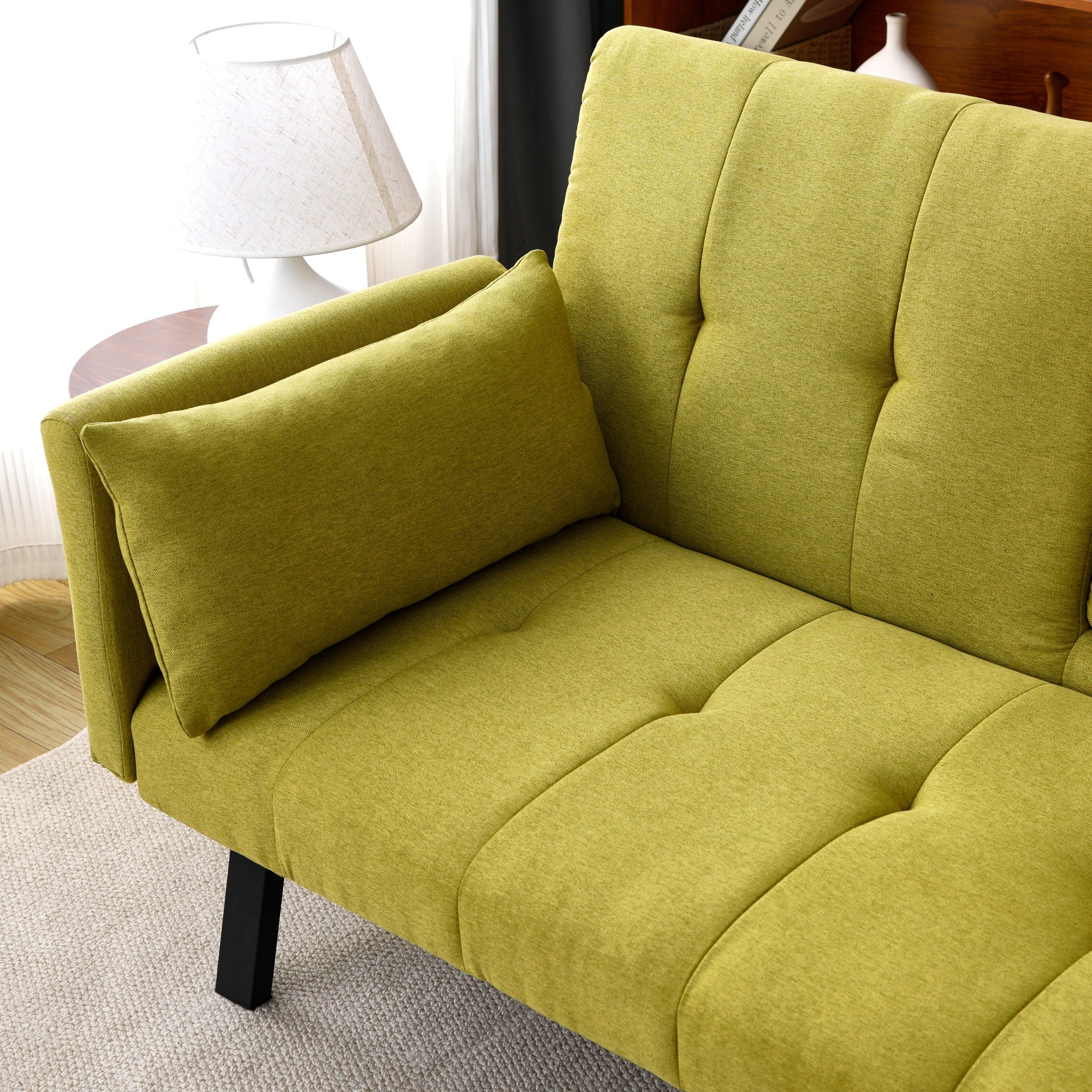 70 inch Futon Sofa Bed Cotton Linen Sofa Couch Convertible Folding Recliner with 2 Cup Holders,Side Storage for Living Room,Green