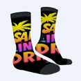 thumbnail image 2 of Four Seasons Universal Socks - 2 Pairs of Unisex Trendy Socks with Bold ' ON SAI AIAI RAI ' Design in Vibrant Colors on Black Background, 2 of 5