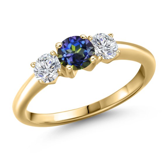 Gem Stone King 10K Yellow Gold Blue Mystic Topaz and Lab Grown Diamond Engagement Ring for Women | 1.04 Cttw | Round 5MM | Gemstone November Birthstone | Size 8