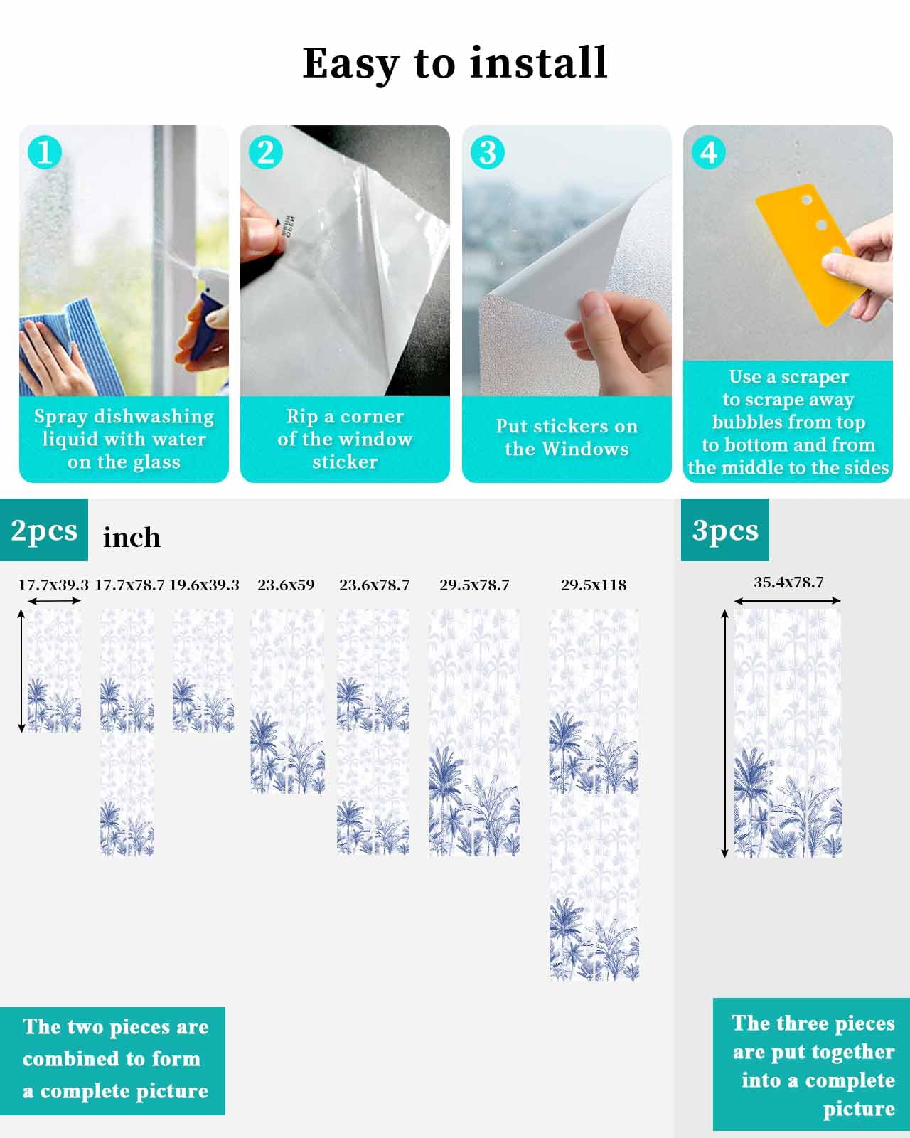 Window Privacy Film, Blue Tropical Palm Tree UV Sun Blocking Window Tint Film Heat Control One Way Blackout Window Film, Summer Botanical Monstera Plants Non Adhesive Static Cling Sticker 29.5x118 In