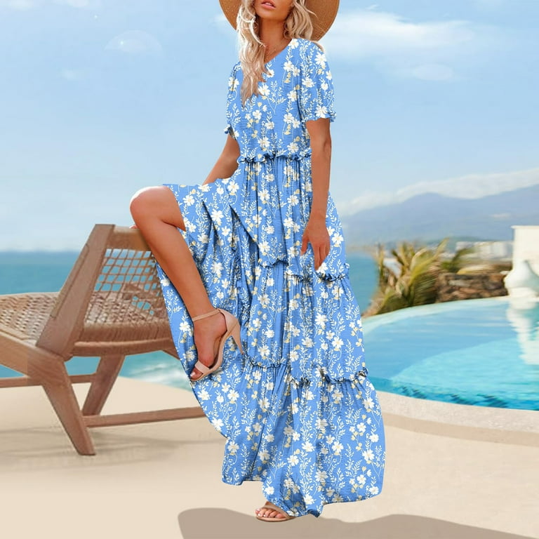 chinese dress ladies Plus Size Short Sleeve Floral Print Casual Maxi Dress XXXL