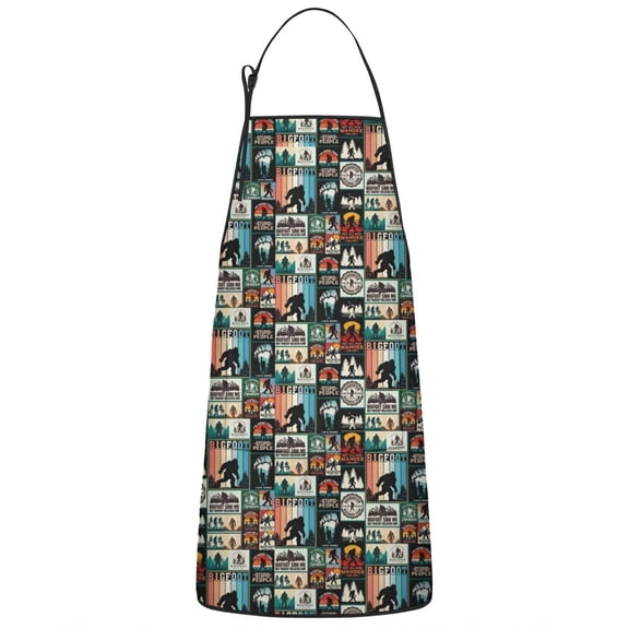 Multicolor Bigfoot and Text Pattern Apron-Garden Aprons for Women with Pockets-Cotton Linen Waterproof Kitchen Cooking Gardening Aprons Adjustable for Kitchen,Cooking,BBQ and Salon 33x27 Inch
