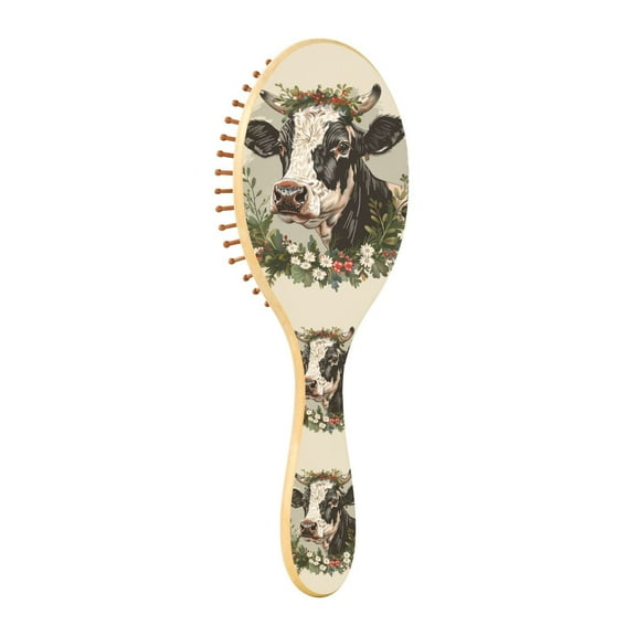 JSTEL Cow Portrait Wreath Hair Brush for Women Men Natural Wood Detangler Brushes for All Hair Types Hairbrush for Wet & Dry