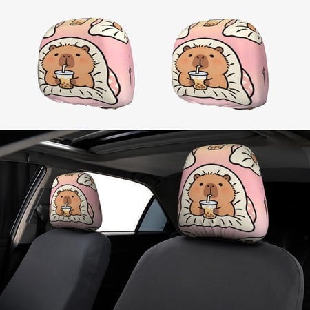 Car Headrest Cover 2 Pcs Soft Water Resistant Elastic Bottom Machine Washable Great Gift For New Car Owners Capybara Lounging While Sipping Bubble Tea