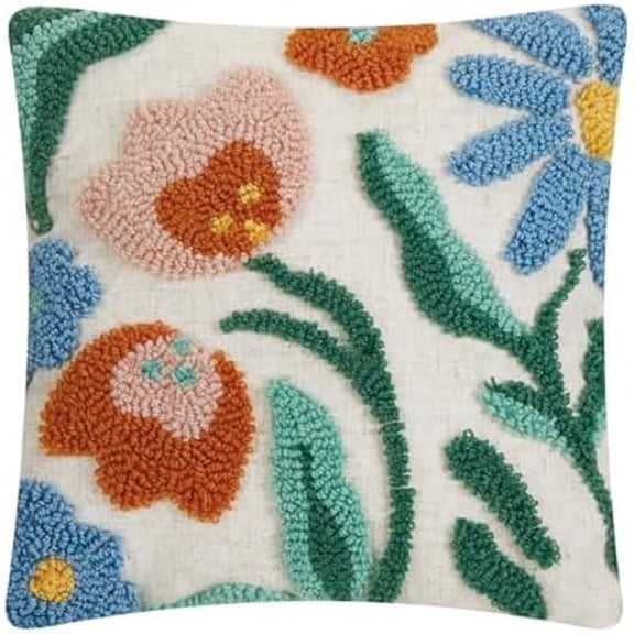 Rainbow Florals Tufted Hooked Wool 16" Square Throw Pillow with Polyfill Insert$$Home Decor, Kitchen, & Other