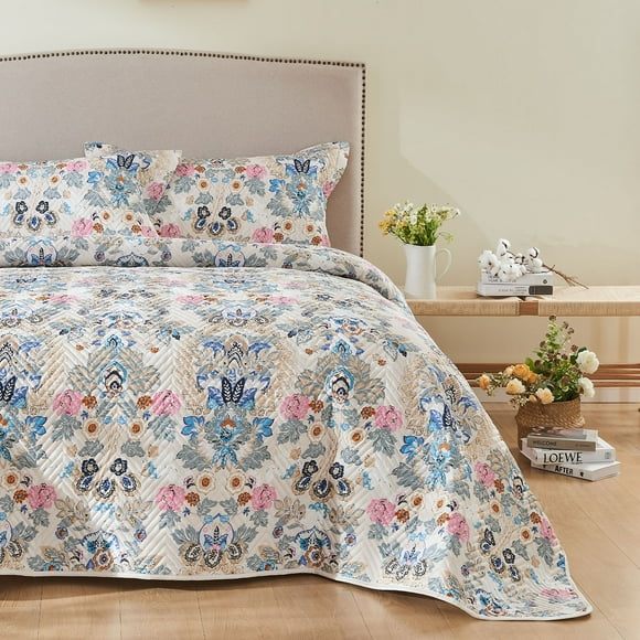 Kingrest Floral Print Cotton Quilt Set King Size, Lightweight Pattern Comforter Set, Oversized Bedspread Coverlet Quilted Bedding Set
