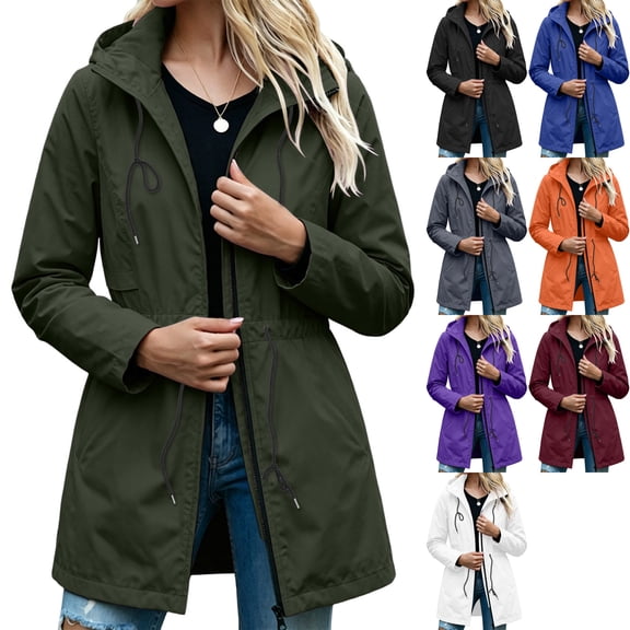 Women's Waterproof Long Rain Jacket Hooded Full Zip Drawstring Cinched Waist Lightweight Raincoat with Pockets for Hiking Travel Outdoor, Army Green, L