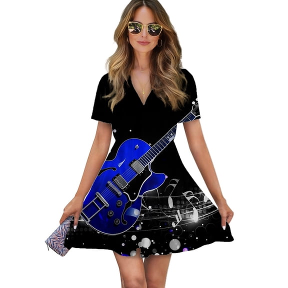 Blue Guitar Notes Women Dress V-Neck Short Sleeve Flowy Swing Party Midi Dress