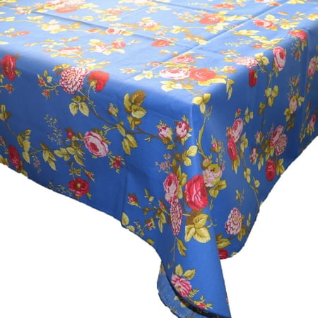 

Cotton Tablecloth Floral Print Vintage Floral Large Roses Royal Blue