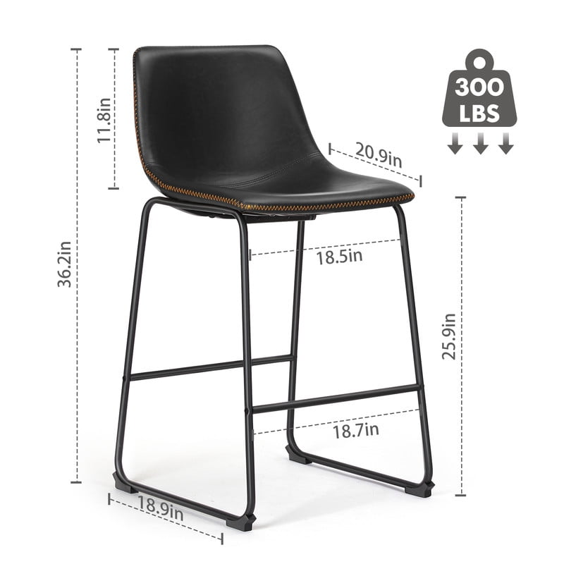 Gianna Counter Height Bar Stools Set of 2, Modern Faux Leather High Barstools with Back and Metal Leg, Bar Chairs for Kitchen Island, Black