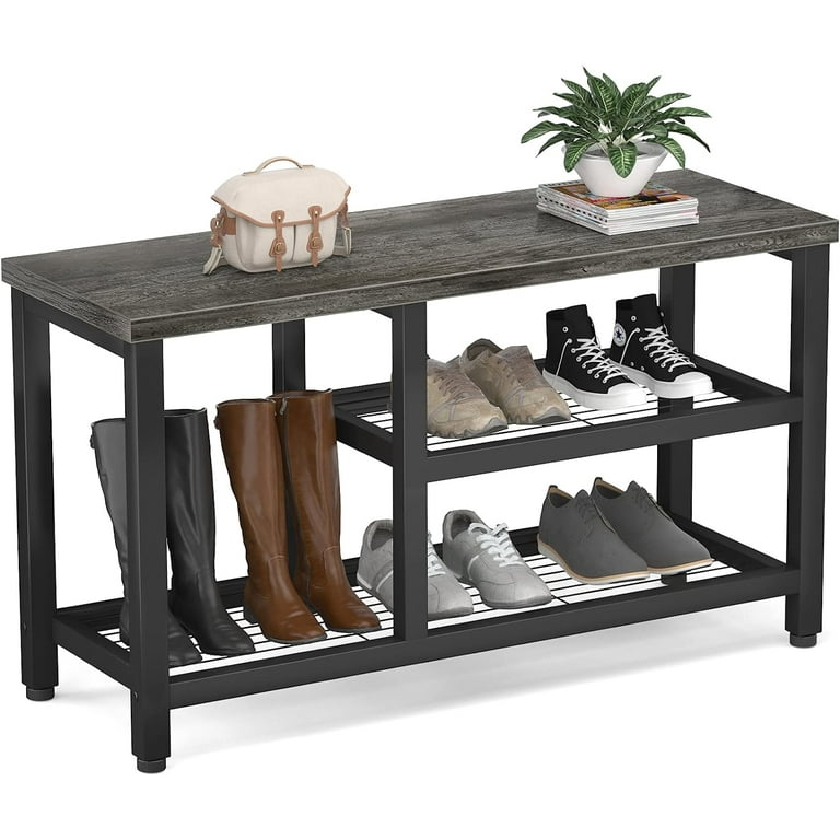 3-Tier Shoe Rack，Industrial Shoe Bench with Storage Shelves for LivingRoom  Grey
