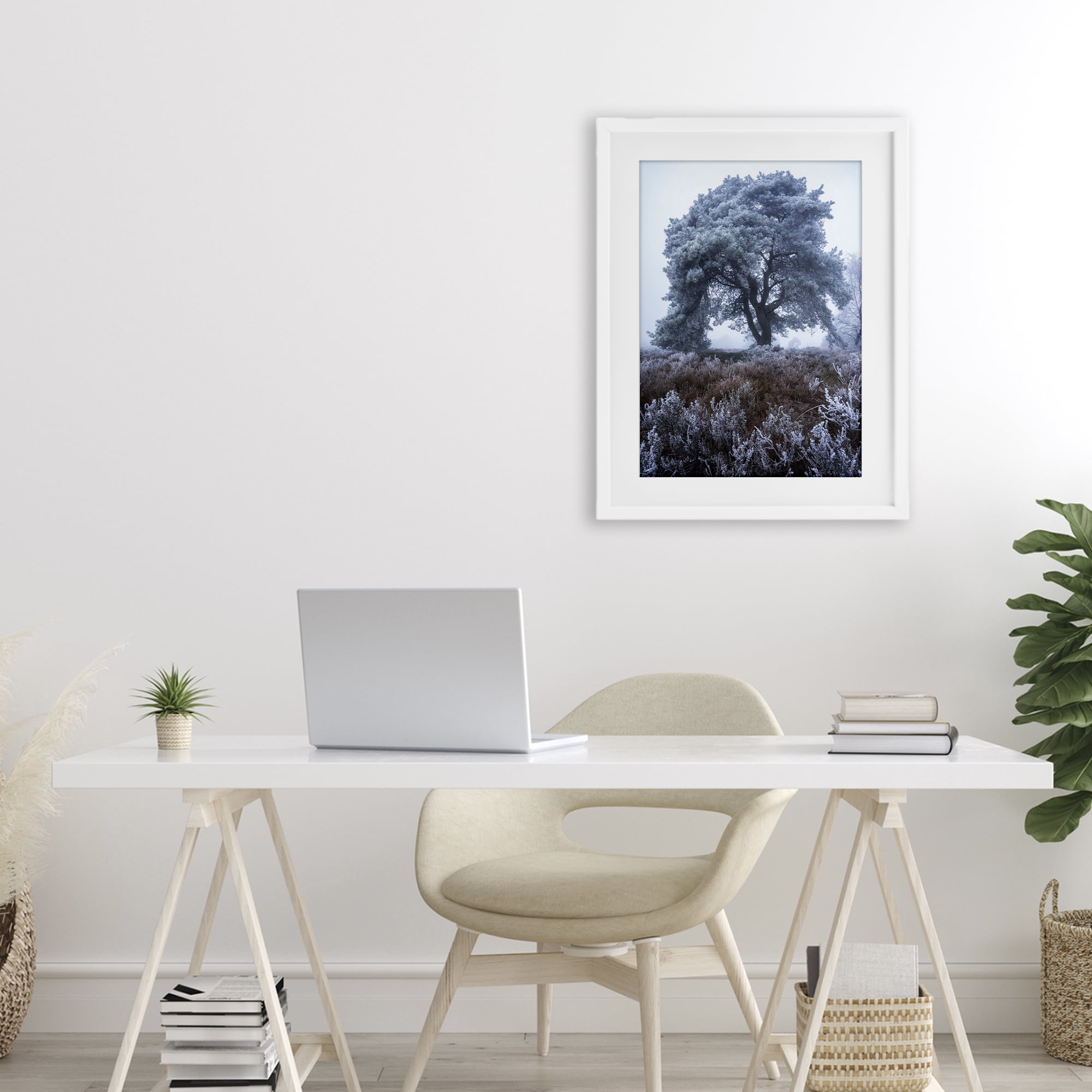 Stupell Industries Frosted Tree in Winter Mist White Framed Print Under Glass, design by Martin Podt