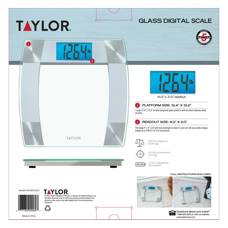 Taylor 500 lb Digital Glass High Capacity Scale Extra-Wide Platform 2 AAA Batteries Included Silver