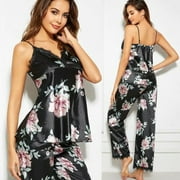 Fashion Women Ladies Pajamas Set V-Neck Lace Floral Printed Sleeveless Nightwear