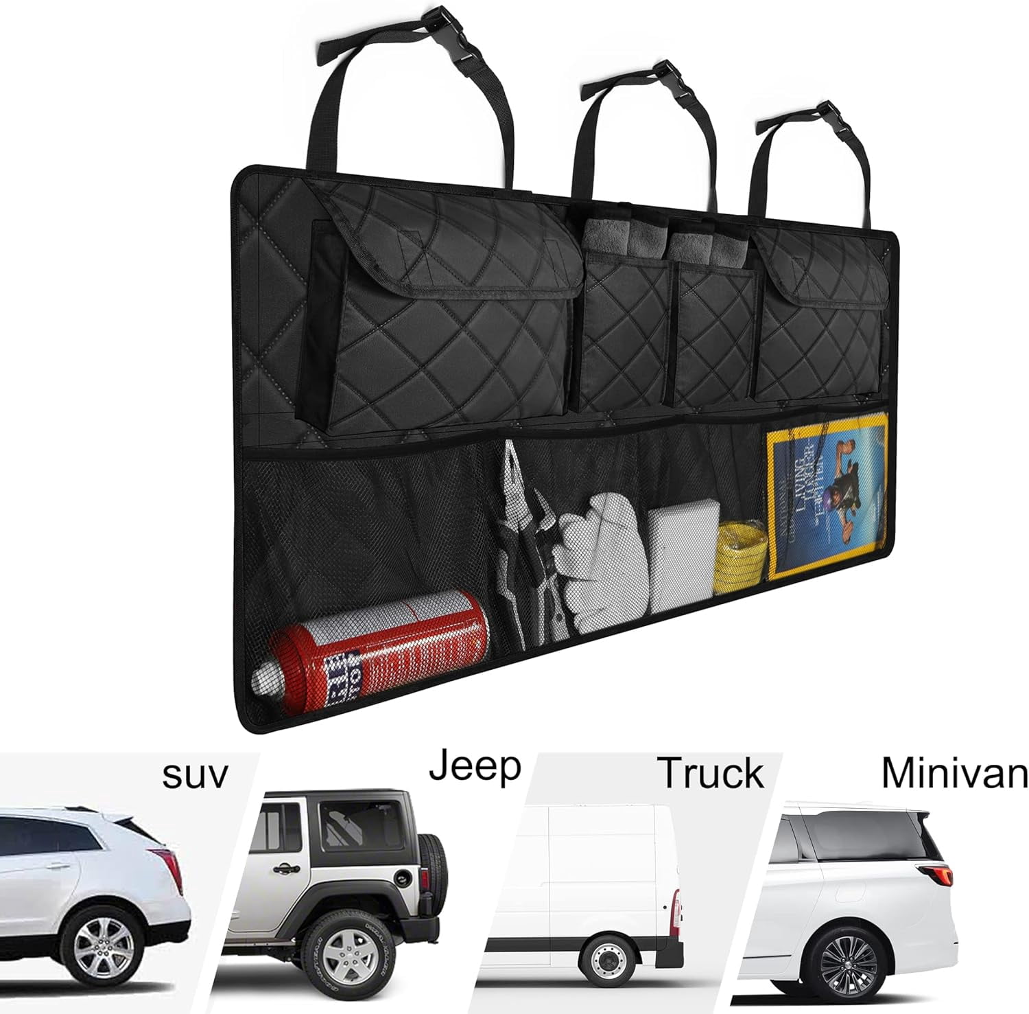 Car Trunk Organizer, Large Capacity Backseat Trunk Organizer (42"*18"), Collapsible Car Storage Bag with 8 Pockets, SUV/MPV/Truck - Black