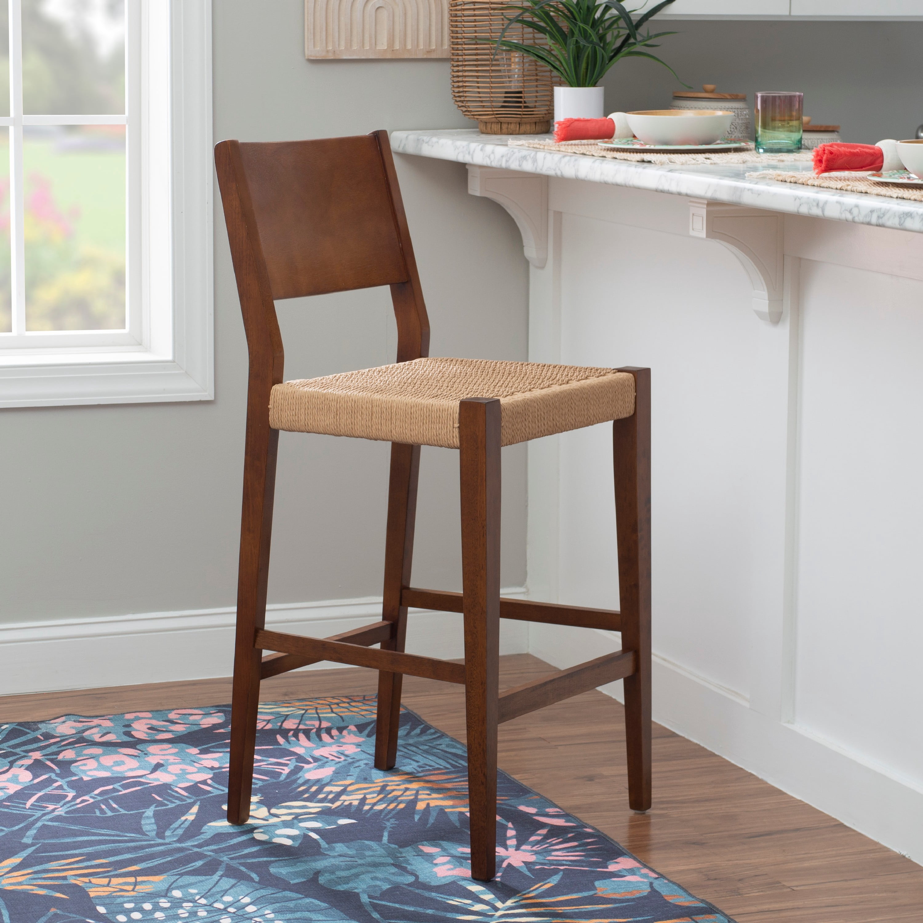 Powell Crawford 29" Indoor Wood Bar Stool with Handwoven Rope Seat, Set of 2, Brown/Natural