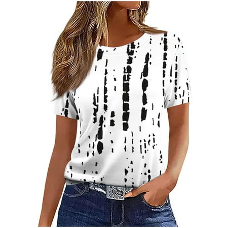 Moxiu Short Sleeve Shirts for Women 2025 Spring Loose Fit Graphic Tees Casual Crew Neck Womens Tops Trendy Print Tunic Tops White S