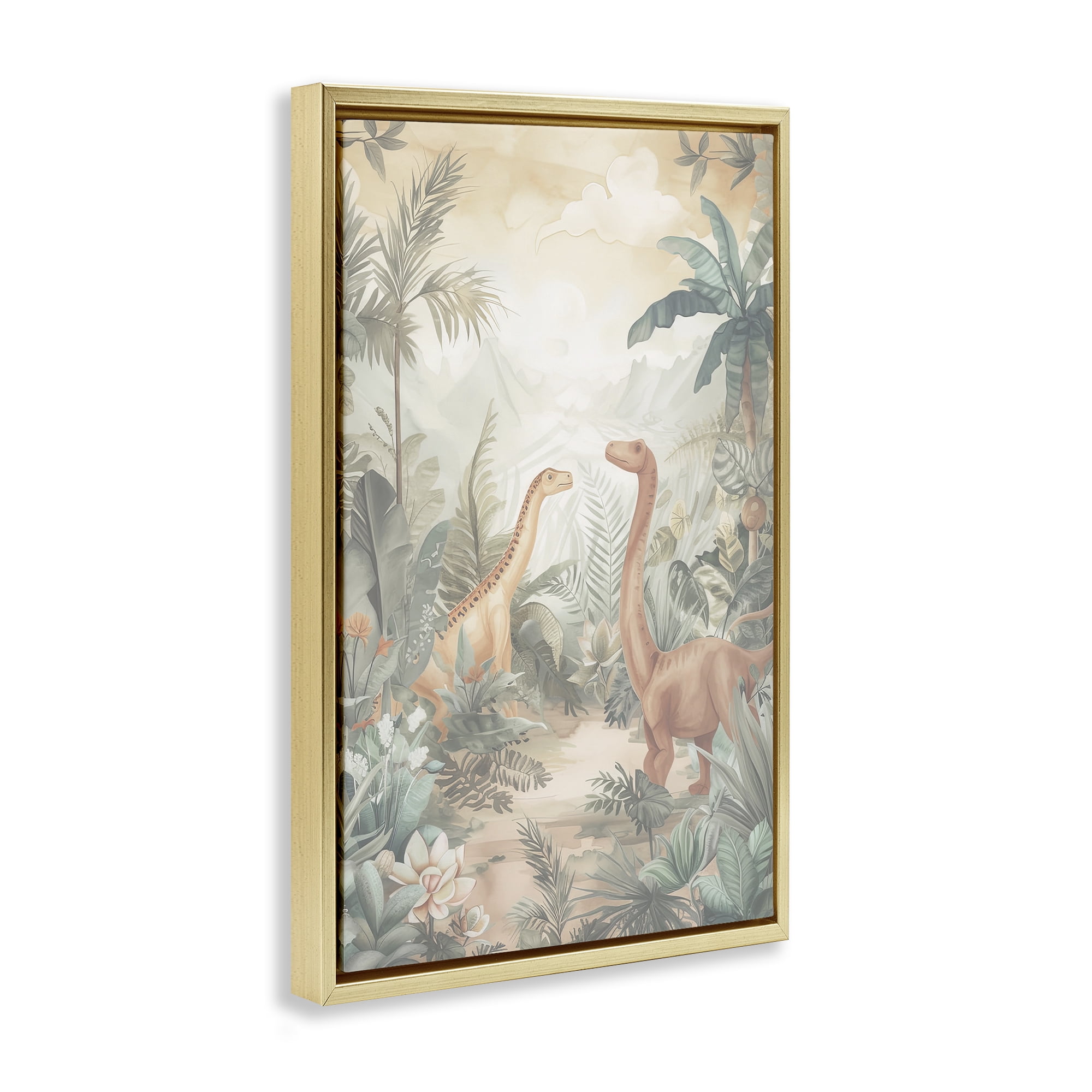 Stupell Industries Muted Dinosaurs in Jungle Gold Framed Floater Canvas Wall Art, design by Ray Powers