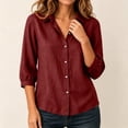 thumbnail image 6 of Women's 3/4 Sleeve Button Down Shirts Lapel Solid Color Cardigan Faux Cotton Linen Casual Loose Comfy Outwear (XL, Wine), 6 of 6