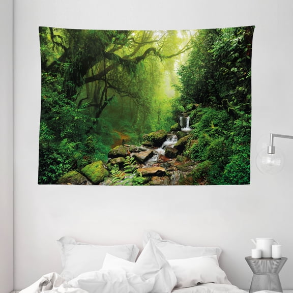 Nature Tapestry, Into the Woods Idyllic Forest Greenland Dreamy Mystic Fresh Tropical View, Wall Hanging for Bedroom Living Room Dorm Decor, 80W X 60L Inches, Emerald Hunter Green, by Ambesonne