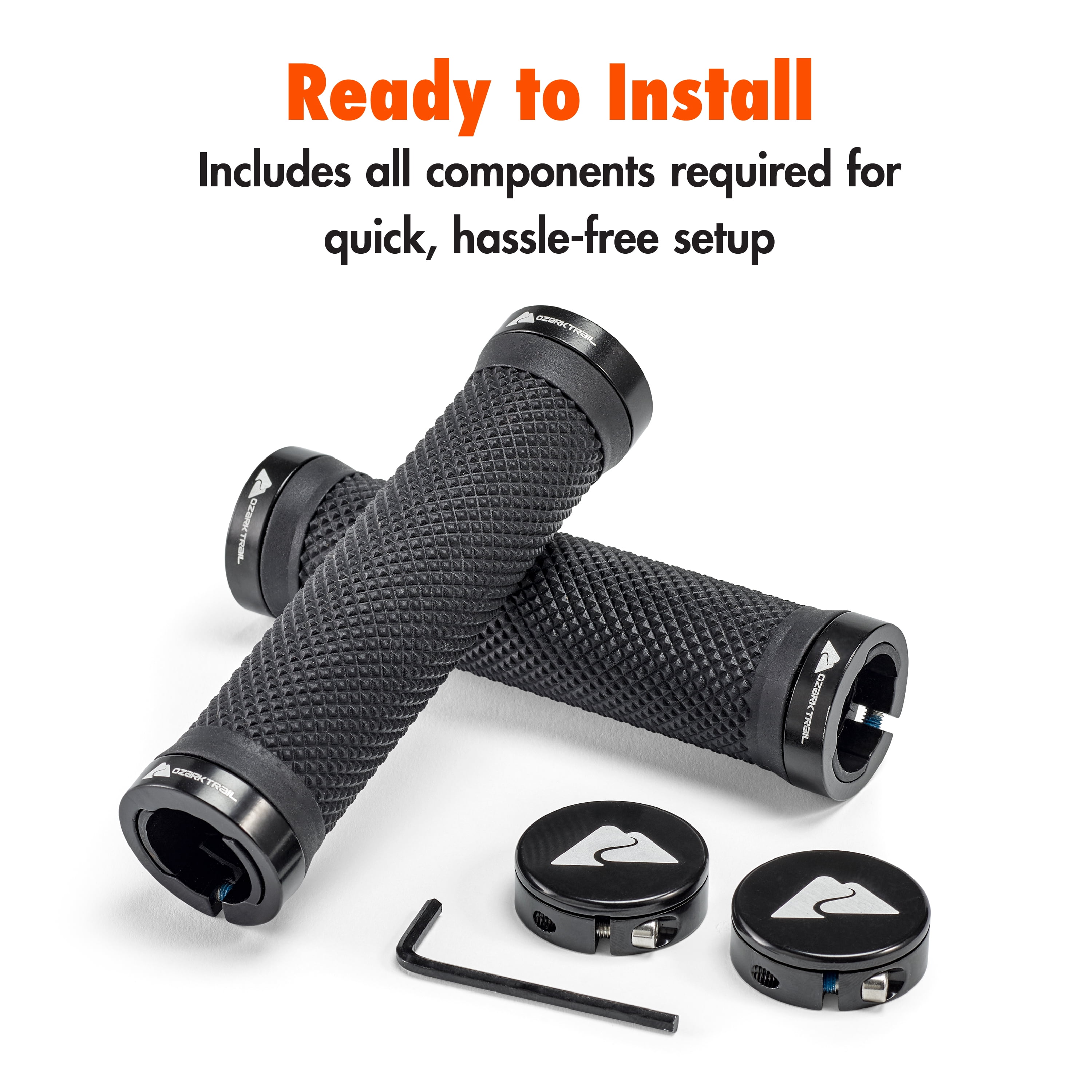 Ozark Trail Double Lock-On Bicycle Handlebar Grips, Anti-Slip Rubber with Metal Caps, Black, Includes Allen Wrench