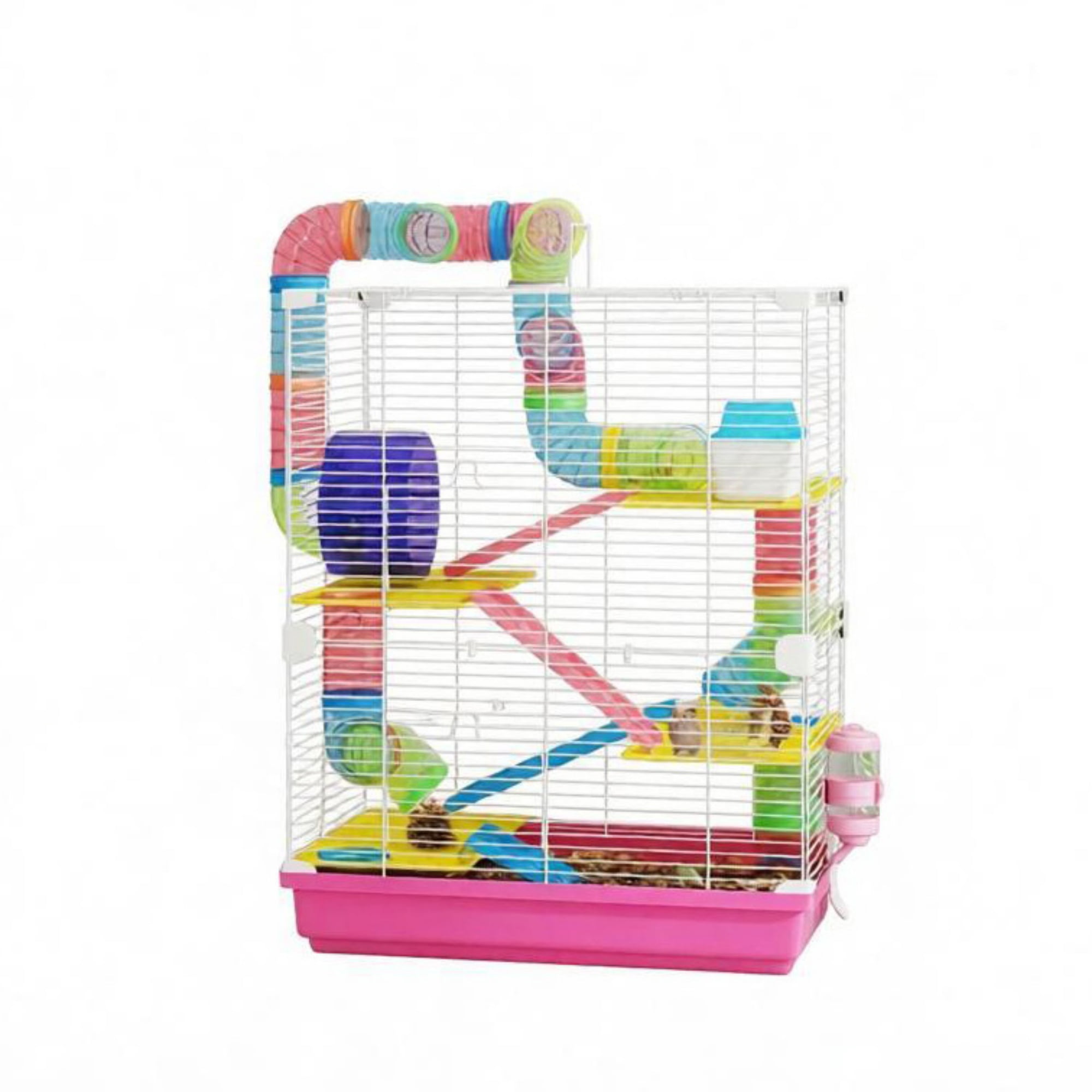 5-Tier Portable Hamster Cage for Short Trip Outing, Small Animal Travel Carrier with Tunnel Tubes, Pink