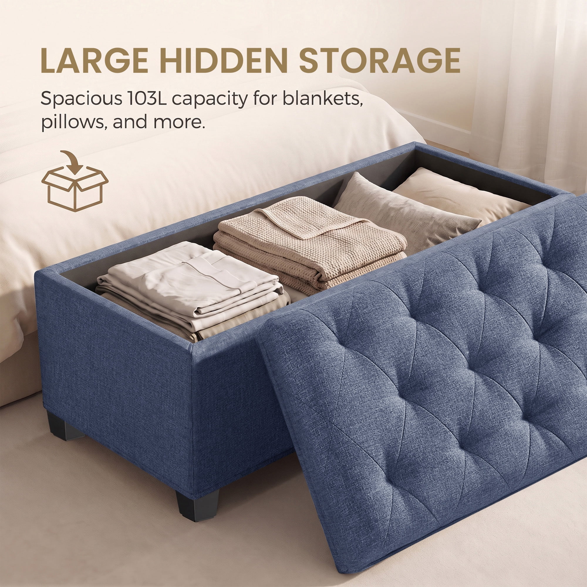 Ledrem Large Storage Ottoman Bench, End of Bed Bench with Tufted Linen-Look Fabric, Light Denim Blue