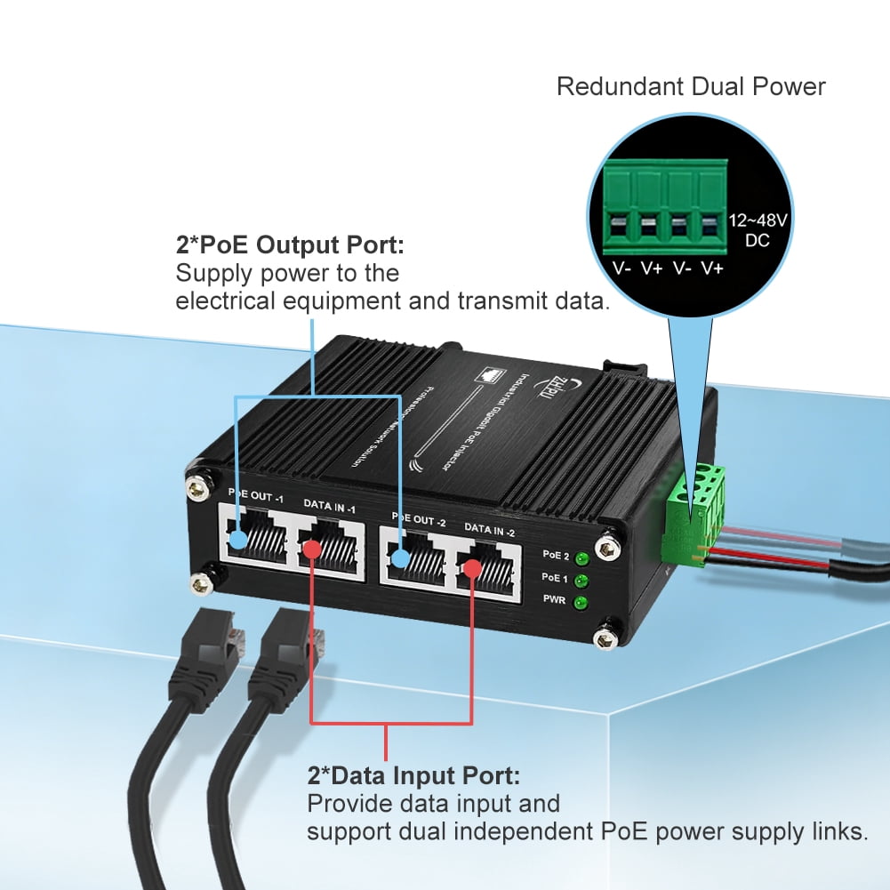 Industrial 2 Ports PoE Injector, Hardened Gigabit 30W PoE+ Injector IEEE802.3 at POE Adapter POE Midspan Max 60W Single Port Power Over Ethernet with 12-48V DC Input DIN Rail Mount