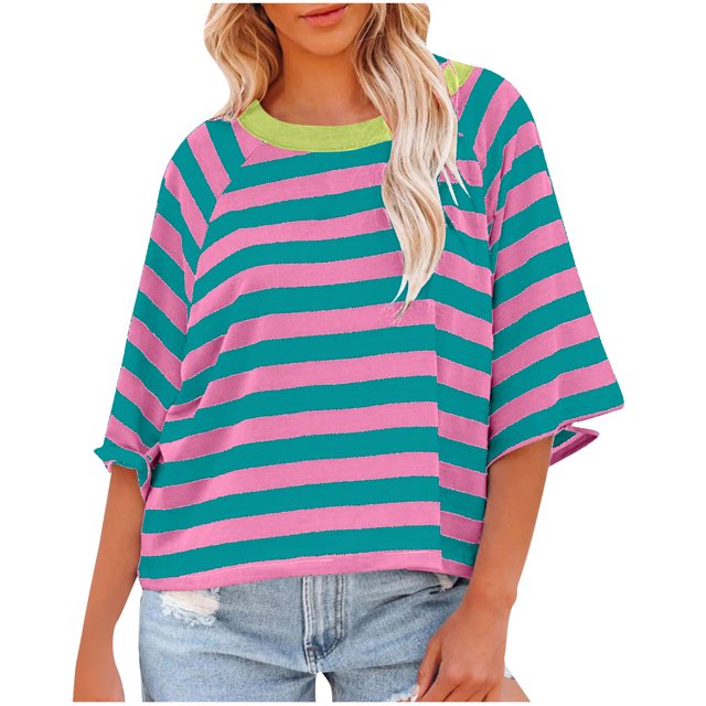 QIPOPIQ Hauts pour Femmes Rayés 2024 Mode T-Shirts pour Femmes Design Color Blocking Tee Basique Ample Liquidation